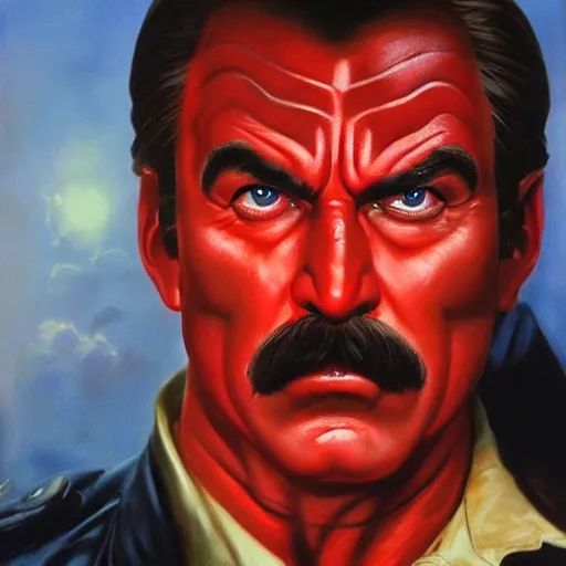 Prompt: ultra realistic portrait painting of tom selleck as hellboy, art by frank frazetta, 4 k, ultra realistic, highly detailed, epic lighting