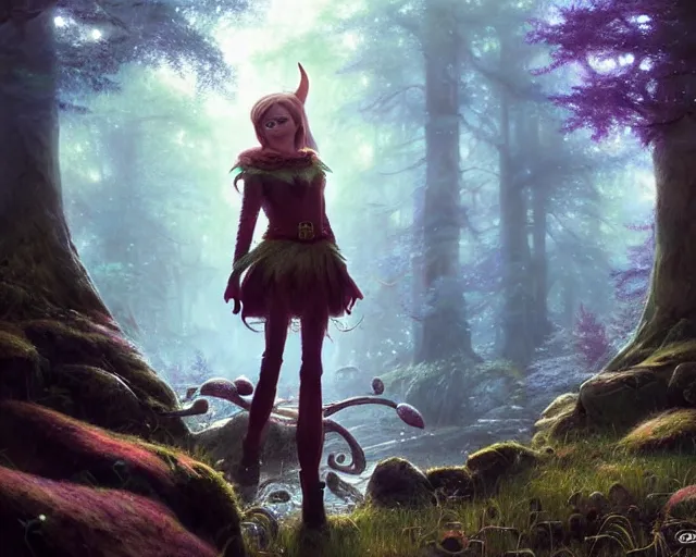 Image similar to highly detailed portrait of emma stone as an elf in a magical mushroom forest, in skyrim, stephen bliss, unreal engine, fantasy art by greg rutkowski, loish, rhads, ferdinand knab, makoto shinkai and lois van baarle, ilya kuvshinov, rossdraws, tom bagshaw, global illumination, radiant light, detailed and intricate environment