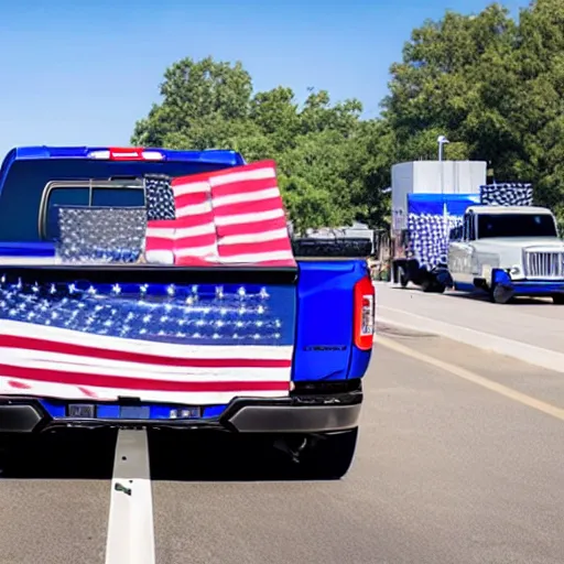 Image similar to photo of big blue biden pickup trucks with american flags on them. biden is written on the side of the truck.