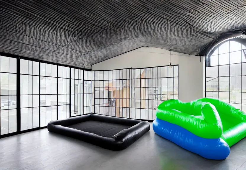 Image similar to A bouncy house with a ball pit and a large black trampoline next to it inside a big empty room with light coming through windows