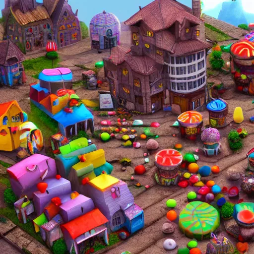 Image similar to Village made of sweets, 4k octane render, detailed art, artstation, streetview, CGSociety, deviantart