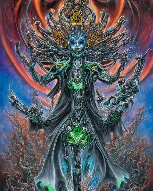 Prompt: silver mechanical charred bloody fleshmetal obliterator cyborg daemonhost woman wearing robes, psychedelic flamer of tzeentch with extra arms gunner, blue and green rainbow fire, by antonio j. manzanedo, alex grey, android jones, wayne barlowe, philippe druillet, josephine wall, harumi hironaka, cronenburg, trending on artstation