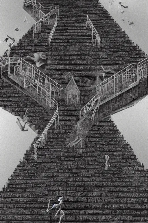 Image similar to stairs to nowhere nihilist discordian surreal collage made of by mc escher, walt disney, hr giger and beksinski. 8 k resolution. william s burroughs