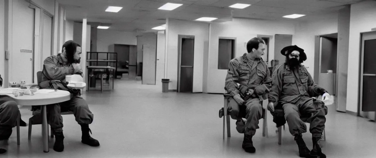 Prompt: filmic wide shot movie still 4 k hd interior 3 5 mm film color only photograph of two armed guards sitting down and talking in a break room in a military base, in the style of the horror film the thing 1 9 8 2