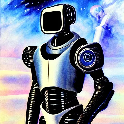 Image similar to futurist cyborg knight, perfect future, award winning art by alan bean, sharp color palette