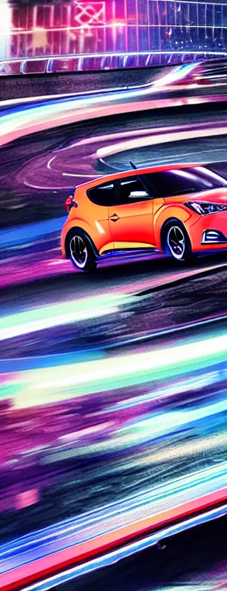 Image similar to hyundai veloster n racing down tokyo highway at night, digital art, super aesthetic, manga, realistic