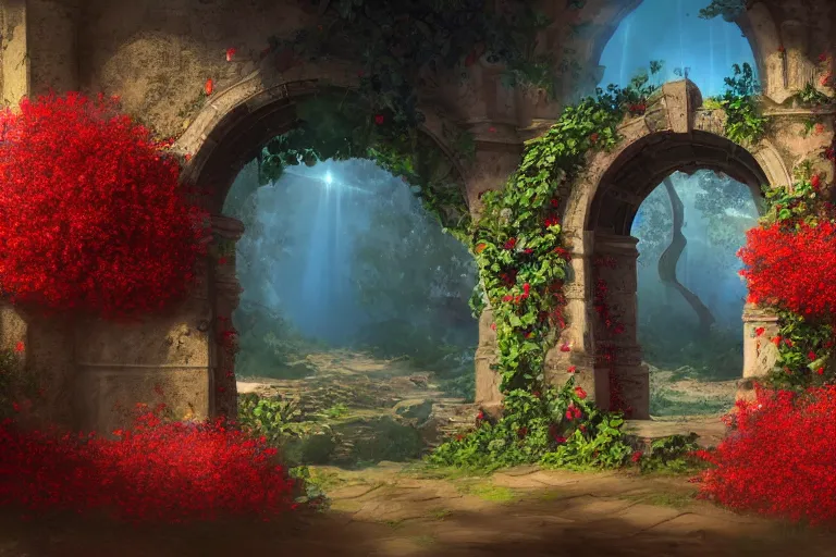 Prompt: broken arches leading to the pillars of eternity draped with red flowers and vines, blue sky, lens flare, a sense of mystery, cinematic, ultra detailed, intricate, sharp focus, trending on artstation, illustration by Tony Diterlizzi, 8K