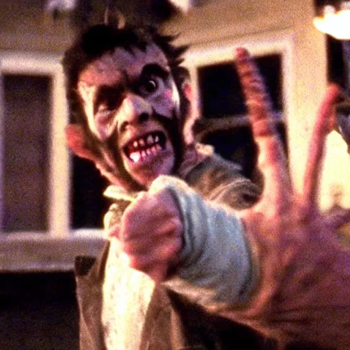 Prompt: film still of a funny looking werewolf extending out his hand in an american werewolf in london