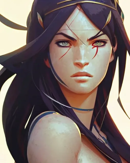 Image similar to azctec warrior, megan fox, detailed perfect face, exquisite details, fire magic, mid view, design on a white background, by studio muti, greg rutkowski makoto shinkai takashi takeuchi studio ghibli