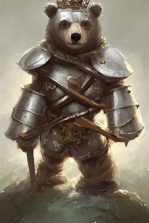 Image similar to cute little anthropomorphic bear knight wearing a cape and a crown, tiny, small, miniature bear, baby animal, short, pale blue armor, cute and adorable, pretty, beautiful, DnD character art portrait, matte fantasy painting, DeviantArt Artstation, by Jason Felix by Steve Argyle by Tyler Jacobson by Peter Mohrbacher, cinematic lighting