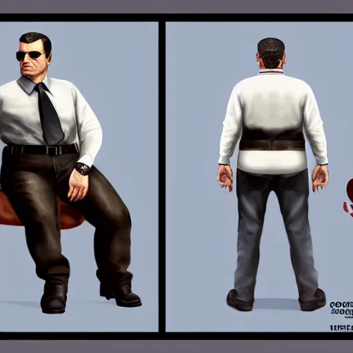 Image similar to a midage italian male, beardless, short black hair with gel, overweight, fine white shirt, leather belt, black pants, leather shoes, smoking a cigar, full body, gta v style, concept art, highly detailed, hyper realistic, unreal engine