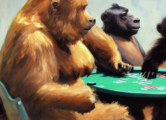 Image similar to one gorrila, one bear!!, playing poker, highly detailed beautiful, by gregory manchess, james gurney, james jean