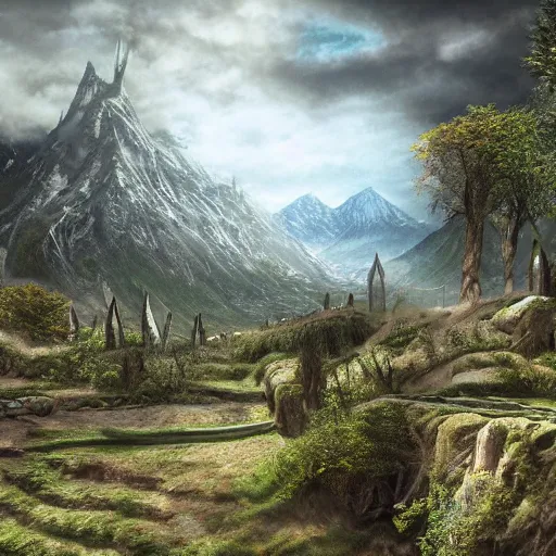 Image similar to photorealistic Lord of the rings setting