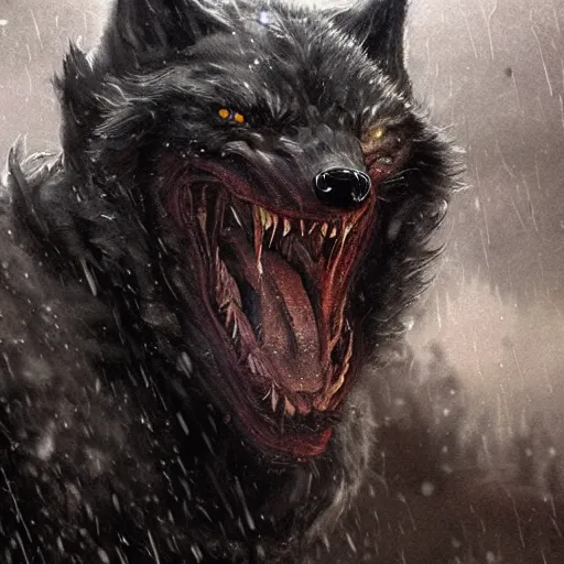 Prompt: a werewolf with a cowl trying to hide, scarred, wet, raining, close up, rim lighting, portrait, sinister atmospheric lighting. highly detailed painting by greg rutkowski, anime style