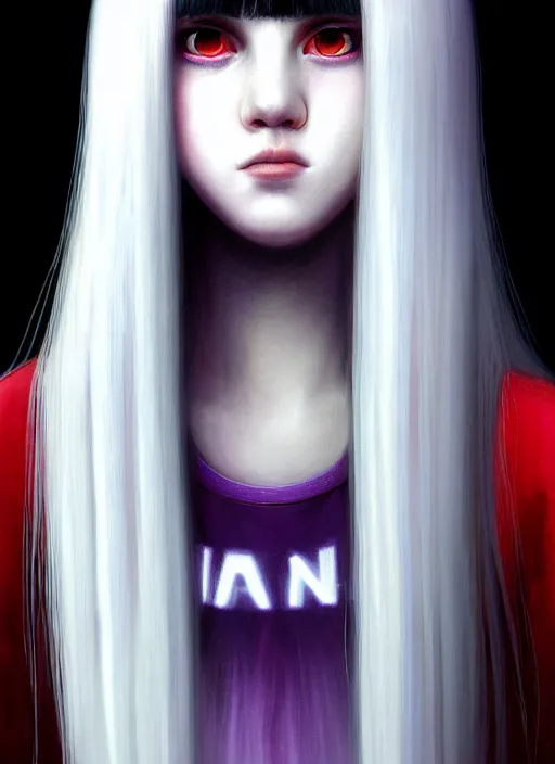 Image similar to hair whitebangs hair, black hair, blackbangswhitehair, portrait of teenage girl with white bangs, red irises, purple clothes, white bangs, bangs are different color from hair, intricate, elegant, glowing lights, highly detailed, digital painting, artstation, concept art, sharp focus, illustration, art by wlop, mars ravelo and greg rutkowski