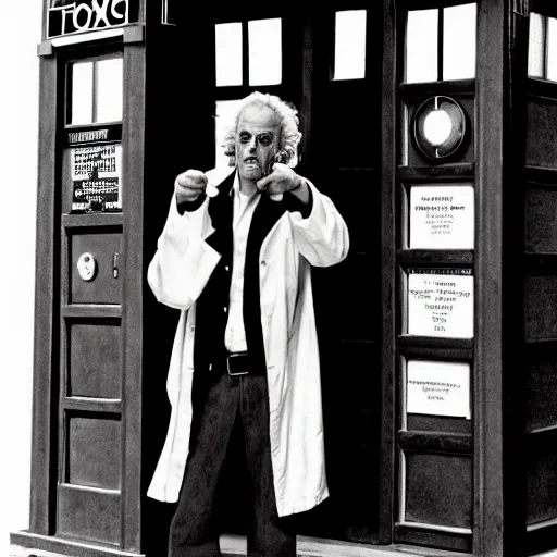 Image similar to christopher lloyd as doctor who in front of tardis, directed by james cameron, 1 9 9 9