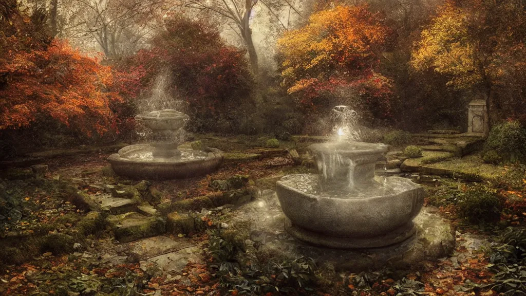 Prompt: autumn in the secret garden. a tiny fountain statue is frozen. andreas achenbach, artgerm, mikko lagerstedt, zack snyder, tokujin yoshioka