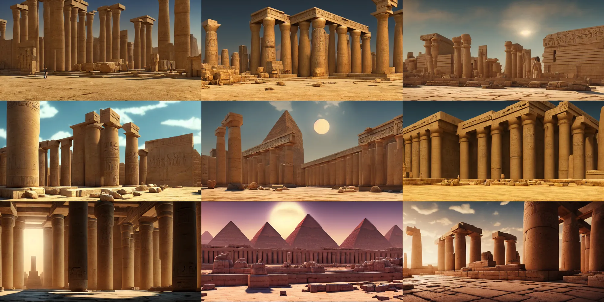 Prompt: beautiful ancient egyptian temple, interior, photorealistic, ultrawide establishing shot, octane render, rtx, hdr, unreal engine, widescreen 8 k, studio ghibli, pixar, disney, prince of egypt