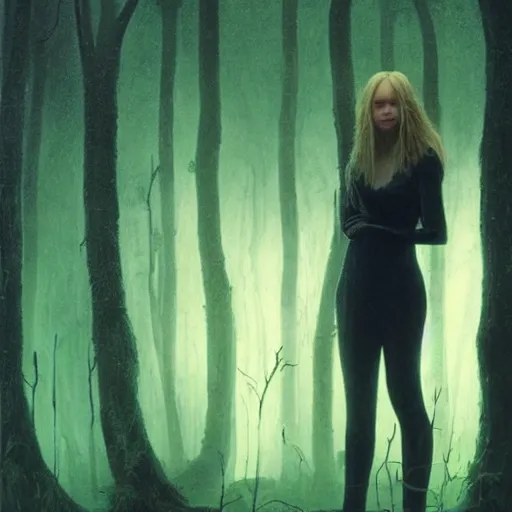 Image similar to Elle Fanning in the cultist woods in the world of Adam Wyeth, head and shoulders, stormy weather, extremely detailed masterpiece, oil on canvas, low-key neon lighting, artstation, Blade Runner 2049, Roger Deakin’s cinematography, by J. C. Leyendecker and Peter Paul Rubens and Edward Hopper and Michael Sowa,