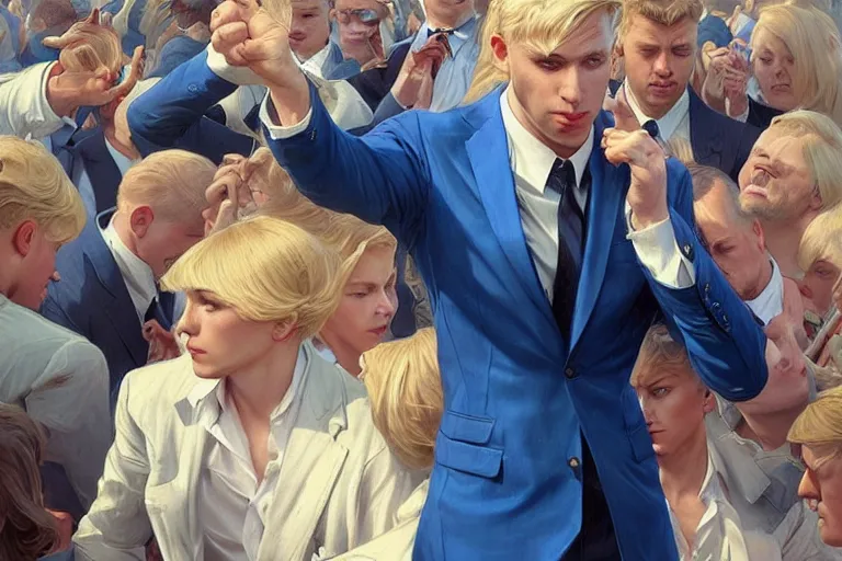 Image similar to a blond man in a blue suit wounded and kneeling surrounded by a crowd, intricate, elegant, ultra realistic illustration, highly detailed, digital painting, artstation, concept art, smooth, sharp focus, illustration, art by artgerm and greg rutkowski and alphonse mucha