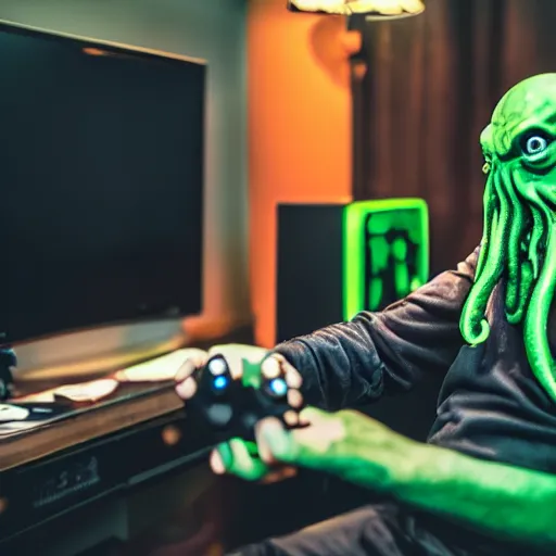 Prompt: Cthulhu getting mad while playing video games, 50mm photo