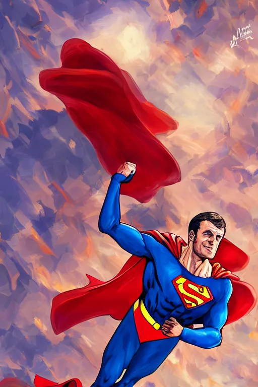 Prompt: emmanuel macron superman, highly detailed, digital art, sharp focus, trending on art station