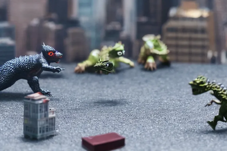 Prompt: film still of tiny godzilla fighting in a little model of new york city in the new godzilla ant man crossover movie, macro lens