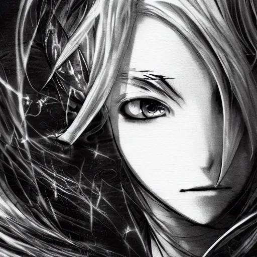 Prompt: Blurred and dreamy illustration of an anime girl with a pirate eye patch, wavy white hair and cracks on her face wearing elden ring armour with the cape fluttering in the wind, Yoshitaka Amano, abstract black and white patterns on the background, noisy film grain effect, highly detailed, Renaissance oil painting, weird portrait angle