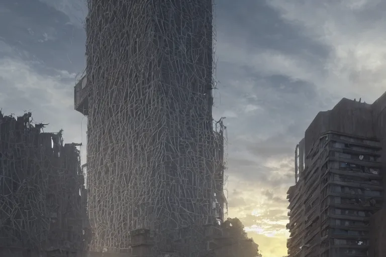 Image similar to streetscape, a towering cathedral of brutalist architecture, buildings covered with greebles, stunning volumetric light, sunset, metal, concrete and translucent material, stunning skies, majestic landscape, trending on Artstation, 8k, photorealistic, hyper detailed, unreal engine 5, IMAX quality, cinematic, epic lighting, in the style of Greg Rutkowski