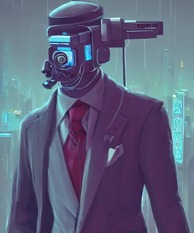 Image similar to a portrait of an anthropomorphic surveillance camera wearing a suit, cyberpunk!, fantasy, elegant, digital painting, artstation, concept art, matte, sharp focus, illustration, art by josan gonzalez