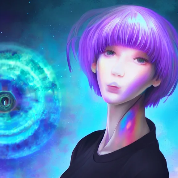 Image similar to rei ayanami, broken android kannon mindar, deep space, seascape, cosmos, psychedelic flowers, black opal, rainbow aura quartz, organic, oni compound artwork, of character, render, artstation, portrait, wizard, beeple, art, fantasy, epcot, psychedelic glitchcore