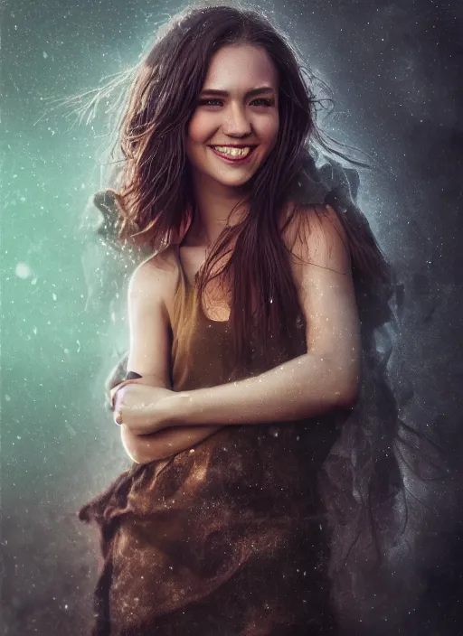 Image similar to cinematic shot epic portraits, hyper realistic, mood lighting, fantasy, detailed smile, highly detailed, super realistic, perfect lighting pixel sorting, style sheet