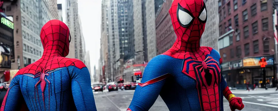 Image similar to spider - man and superman meet in new york city street, high res, shallow depth of field, realistic image