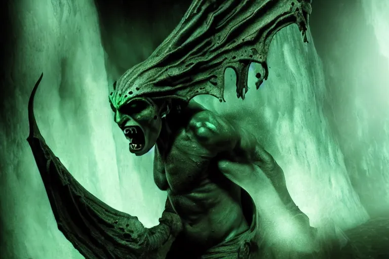 Image similar to vfx film, soul reaver, raziel irl, price of persia movie, missing jaw, hero pose, devouring magic souls, glowing green soul blade, in epic ancient sacred huge cave temple, flat color profile low - key lighting award winning photography arri alexa cinematography, hyper real photorealistic cinematic beautiful, atmospheric cool colorgrade