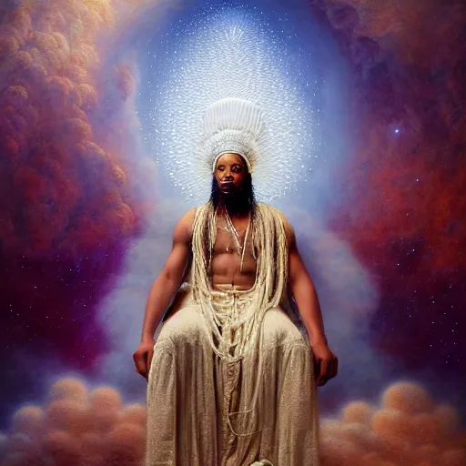 Prompt: obatala the cosmic god sitting on a throne of nebula clouds, by Agostino Arrivabene, matte painting, orisha, 8k, hd