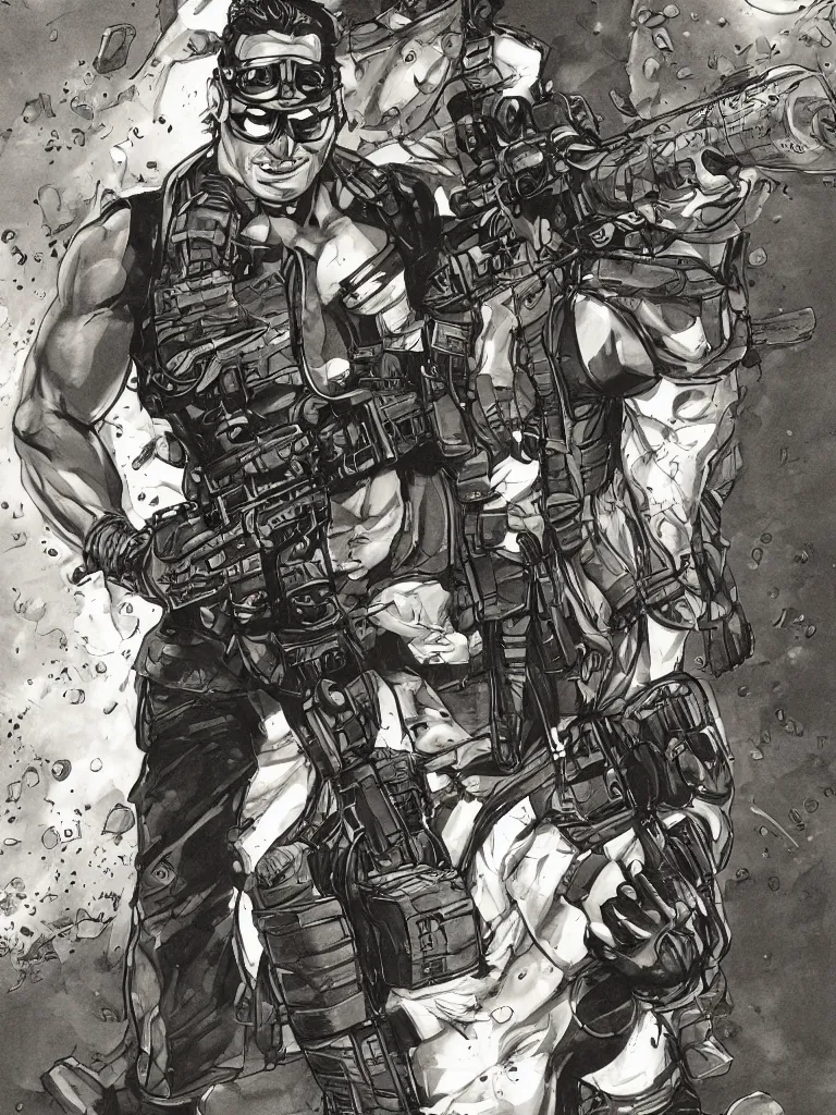 Prompt: muscular man, black vest with no shirt underneath, goggles around his neck, cargo pants, ammo belt, holding a blaster, long black hair in a ponytail, five o' clock shadow, comic book art