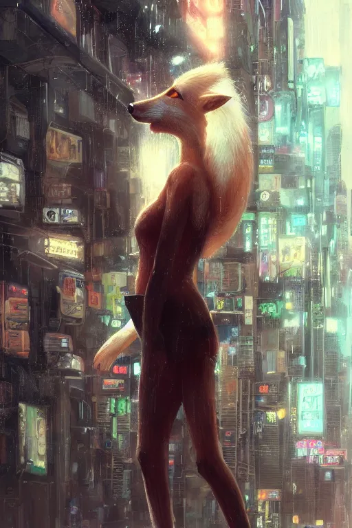 Prompt: beautiful portrait of a tall white female anthro fox smoking a cigarette while standing head and shoulders taller than the bustling crowd of a rainy city street, cyberpunk, harsh neon lights, highly detailed, sharp focus, digital painting, illustration, trending on artstation, art by sakimichan, wlop, greg rutkowski