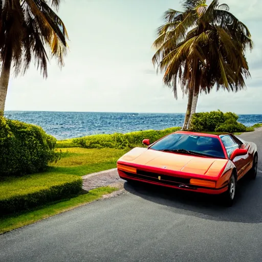 Prompt: Ferrari Testarossa parked on a coast road with a beach and palm trees