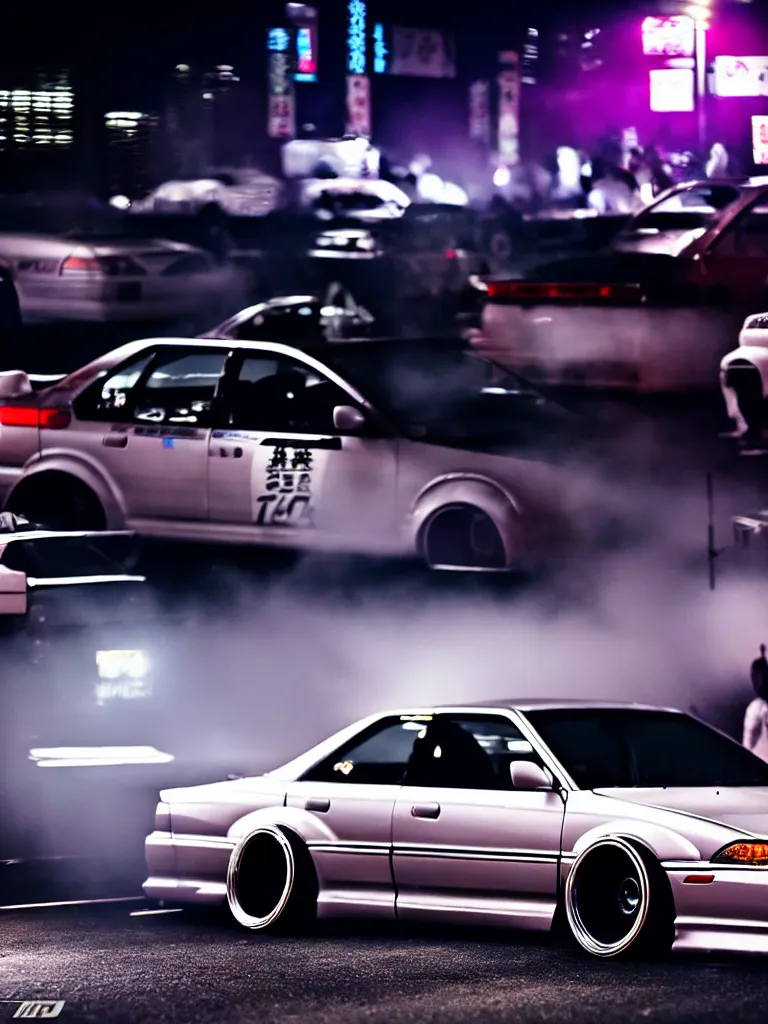 Image similar to a car JZX100 twin turbo drift at illegal car meet, Shibuya prefecture, city midnight mist lights, cinematic lighting, photorealistic, highly detailed wheels, high detail