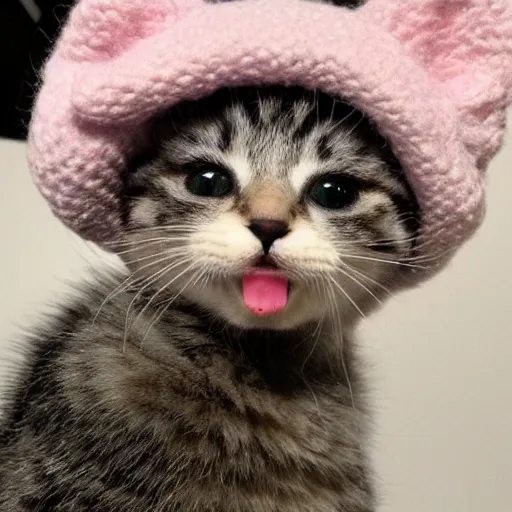 Prompt: kitten photo, wearing wool hat, tongue mlem!, cat ears