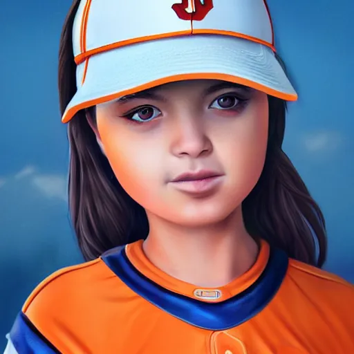 Image similar to A young girl with orange eyes wearing an orange baseball uniform, matte painting by Artgerm