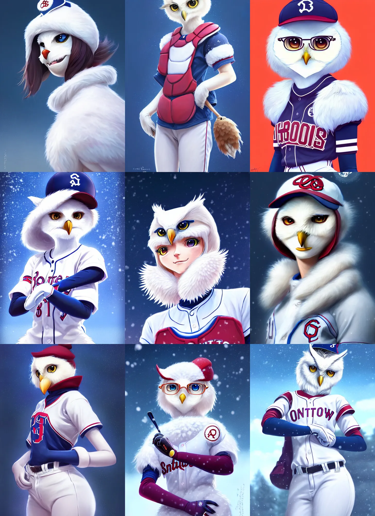 Prompt: beautiful portrait of a female anthropomorphic snow owl fursona wearing a baseball uniform. baseball stadium backgroundd. character design by disney, charlie bowater, ross tran, artgerm, and makoto shinkai, detailed, soft lighting, rendered in octane