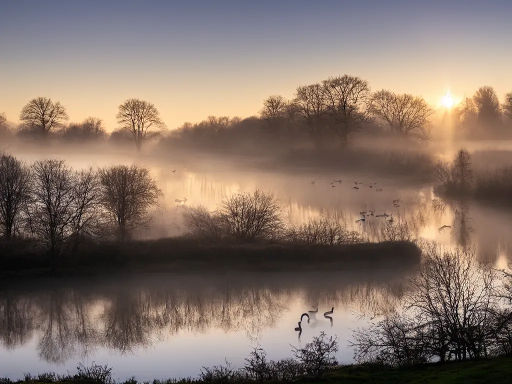 Image similar to A landscape photo taken by Kai Hornung of a river at dawn, misty, early morning sunlight, cold, chilly, two swans swim by, rural, English countryside