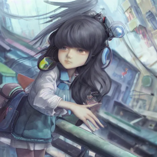 Image similar to dynamic composition, motion, ultra-detailed, incredibly detailed, a lot of details, amazing fine details and brush strokes, colorful and grayish palette, smooth, HD semirealistic anime CG concept art digital painting, watercolor oil painting of Clean and detailed post-cyberpunk sci-fi close-up schoolgirl in asian city in style of cytus and deemo, blue flame, relaxing, calm and mysterious vibes,, by a Chinese artist at ArtStation, by Huang Guangjian, Fenghua Zhong, Ruan Jia, Xin Jin and Wei Chang. Realistic artwork of a Chinese videogame, gradients, gentle an harmonic grayish colors. set in half-life 2, Matrix, GITS, Blade Runner, Neotokyo Source, Syndicate(2012), dynamic composition, beautiful with eerie vibes, very inspirational, very stylish, with gradients, surrealistic, dystopia, postapocalyptic vibes, depth of field, mist, rich cinematic atmosphere, perfect digital art, mystical journey in strange world