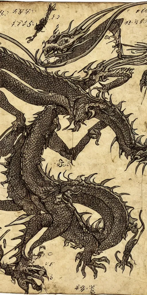 Prompt: old scientific document, dragon breathing fire, in rich color, aged paper, texture, highly detailed, lots of pictures, close up