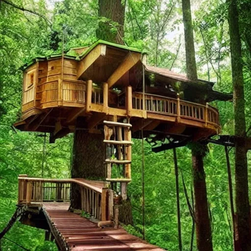 Image similar to a tree house, ladders, hanging bridges, hanging gardens, in the forest, beautiful scenery