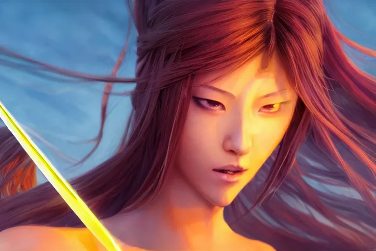 Image similar to beautiful ego sword girl fighting against the king in the yellow, sunset horizon, highlight on the blade, extremely detailed and beautiful aesthetic face, close up, super detailed eyes, highly detailed, digital painting, highlight scene of the movie, smooth, illustration, unreal engine 5, 8 k, art by hiroaki samura and jiro matsumoto and yusuke murata