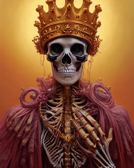 Image similar to highly detailed surreal vfx portrait of a sacred skeleton king with golden crown with rubies, stephen bliss, unreal engine, greg rutkowski, loish, rhads, beeple, makoto shinkai and lois van baarle, ilya kuvshinov, rossdraws, tom bagshaw, alphonse mucha, global illumination, detailed and intricate environment