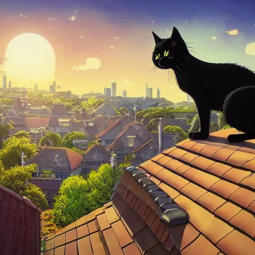 Prompt: a wholesome animation key shot of a black cat seated on top of a roof with tiles, medium shot, studio ghibli, pixar and disney animation, sharp, rendered in unreal engine 5, anime key art by greg rutkowski, bloom, dramatic lighting, golden hour