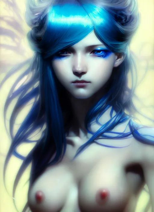 Image similar to beautiful anime cyborg woman, blue hair, blue light, diffuse lighting, fantasy, intricate, elegant, highly detailed, lifelike, photorealistic, digital painting, artstation, illustration, concept art, smooth, sharp focus, art by John Collier and Albert Aublet and Krenz Cushart and Artem Demura and Alphonse Mucha